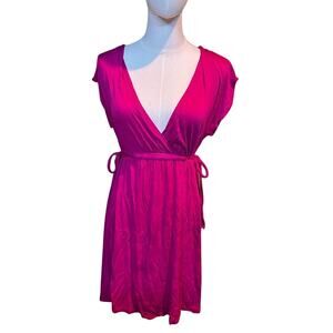 Merona Magenta Pink Faux Wrap Mini Dress Size M Cap Sleeve Soft Knit Boho
